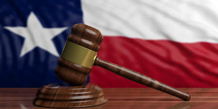 Judge or auction gavel on Texas US of America waving flag background. 3d illustrationの写真素材