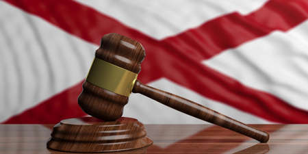 Judge or auction gavel on Alabama US of America waving flag background. 3d illustrationの写真素材