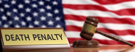 Death penalty in USA concept. Judge gavel on United states of America waving flag background. 3d illustrationの写真素材