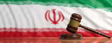 Judge or auction gavel on Iran waving flag background. 3d illustrationの写真素材