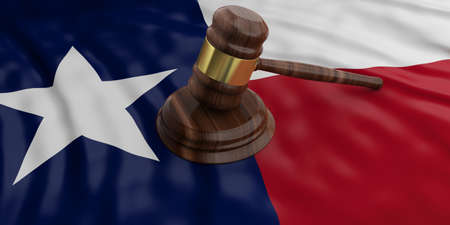 Judge or auction gavel on Texas US of America waving flag background. 3d illustrationの写真素材