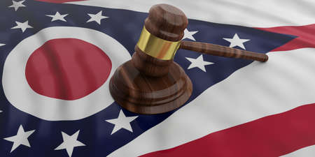 Judge or auction gavel on Ohio US of America waving flag background. 3d illustrationの写真素材
