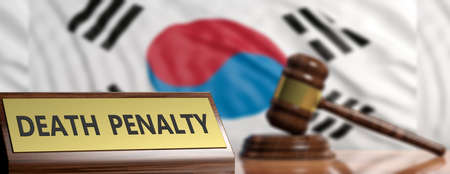 Death penalty in South Korea concept. Judge gavel on South Korea waving flag background. 3d illustrationの写真素材