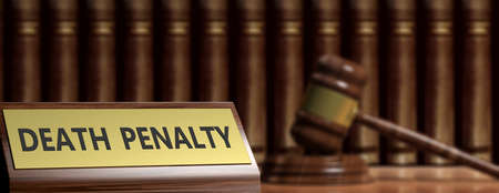 Death penalty concept. Death penalty text on a label and a judge gavel. 3d illustrationの写真素材