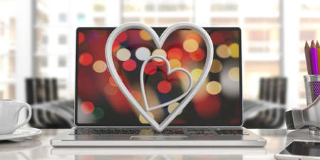 Valentine's day concept. White attached hearts on a laptop, blur office background. 3d illustrationの写真素材