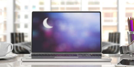 Crescent moon on the laptop screen, Blur office background. 3d illustrationの写真素材