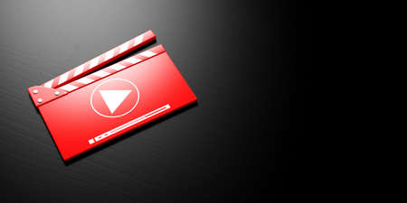 Video movie clapper on black wooden background, banner, copy space. 3d illustrationの写真素材