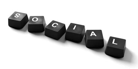 Social media concept. Social written on keyboard keys on white background, banner, view from above. 3d illustrationの写真素材