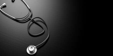 Health concept. Stethoscope on black wooden background, banner, copy space. 3d illustrationの写真素材