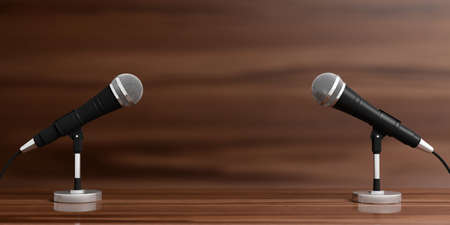 Business conference concept. Cable microphones on stands on a wooden background, banner, copy space....