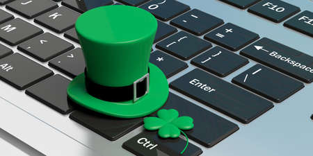 St Patricks Day leprechaun hat with four leaf clover on computer keyboard. 3d illustration