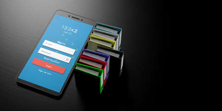 Login on a smartphone screen and colorful folders on a black wooden background, banner, copy space....