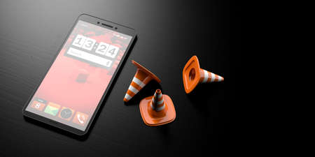 Under construction concept. Traffic cones next to a smartphone. Warning app online. Black wooden...