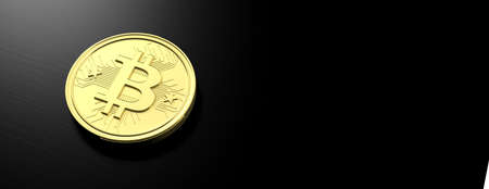 Cryptocurrency concept. Golden bitcoin on black background, banner, copy space. 3d illustrationの写真素材