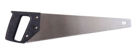 Hand saw with black grip isolated on white background, top viewの写真素材