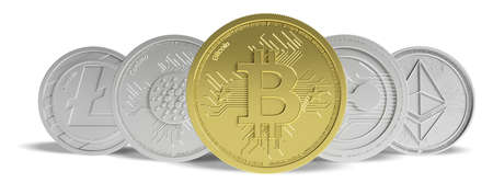 Cryptocurrency concept. Golden bitcoin and variety of silver virtual coins on white background,...