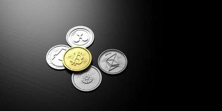 Cryptocurrency concept. Golden bitcoin and variety of silver virtual coins on black background, banner, space for text. 3d illustrationの写真素材