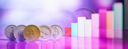 Cryptocurrency growth. Bitcoin, cardano, ethereum, litecoin and ripple on bar charts background, banner, copy space. 3d illustrationの写真素材