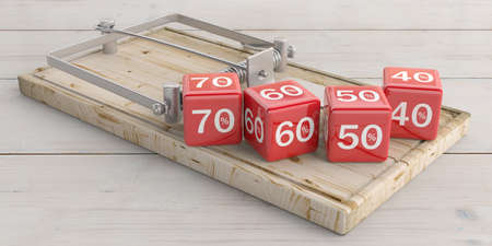 Trap in sale concept. Discount percentages red cubes and a mouse trap, wooden floor background. 3d illustrationの写真素材