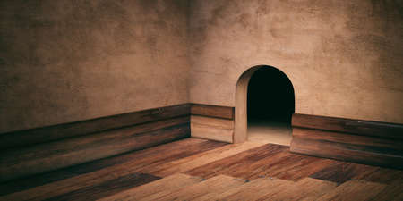 Mouse house hole on brown plastered wall, wooden floor and skirting space for text. 3d illustrationの写真素材