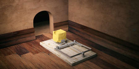 Wooden mouse trap with bait cheese, mouse hole and wooden floor background. 3d illustrationの写真素材