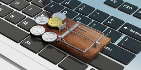 Cryprocurrency coins on a mouse trap on a computer keyboard background. 3d illustrationの写真素材