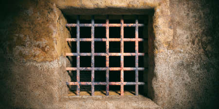 Prison, jail window with metallic, rusty bars on old wall background. 3d illustrationの写真素材