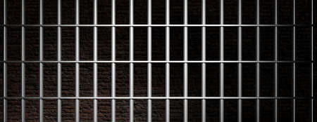 Prison, jail metallic bars on dark, brick wall background, banner. 3d illustration