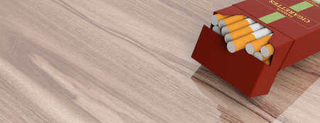 Smoking concept. Brand name cigarette pack on wooden background, banner, space for text. 3d illustrationの写真素材