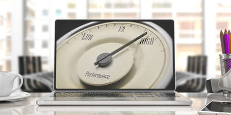 High performance concept. Vintage car gauge on a computer screen, blur office background. 3d illustrationの写真素材