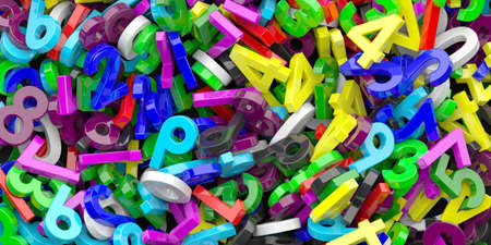Education, maths, calculation concept. Shiny multicolored figures numbers bunch background. 3d...