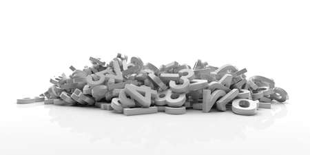 Education, maths, calculation concept. White figures numbers bunch isolated on white background, banner. 3d illustrationの写真素材