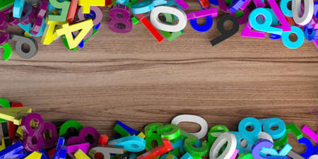 Education, maths, calculation concept. Colorful figures numbers bunch on wooden background, copy space, banner. 3d illustrationの写真素材
