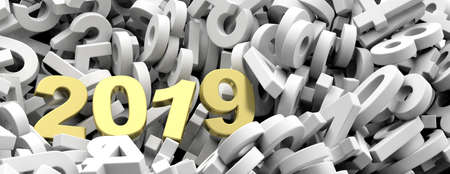 2019 New year. Golden 2019  figures on white numbers heap background, banner. 3d illustrationの写真素材