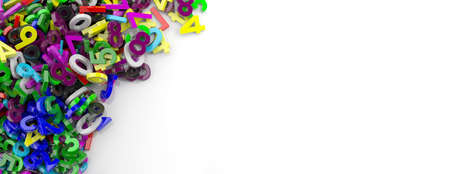 Education, maths, calculation concept. Colorful figures numbers bunch on white background, copy space, banner. 3d illustrationの写真素材