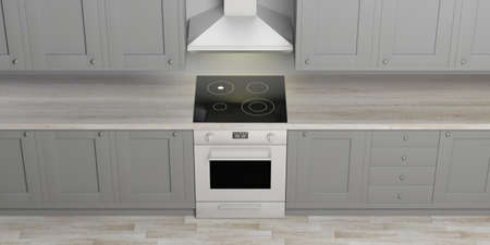 Grey kitchen cabinets and eletric stove with ceramic hob and hood, wooden floor, view from above. 3d illustrationの写真素材