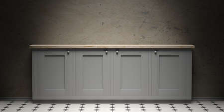 Cabinet on white and black ceramic tiles floor and old grey cement wall background, copy space, front view. 3d illustrationの写真素材