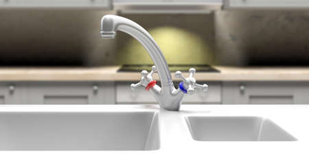 Kitchen sink and water tap closeup, blur cabinets and ceramic hobs background. 3d illustration