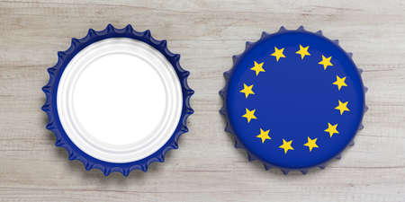 EU and beer or alcohol concept. Front and back view of beer caps with European union flag isolated...