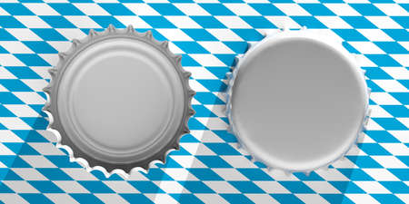 Octoberfest, Beer festival, Germany. Front and back view of blank silver beer caps on Bavaria flag background, top view. 3d illustrationの写真素材