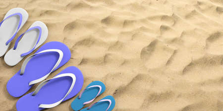 Family summer holidays. Flip flops on sandy beach, top view, copy space. 3d illustrationの写真素材