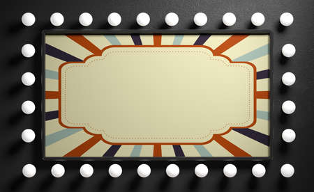 Vintage circus style sign with lights bulbs frame on black wall background, copy space. 3d illustrationの写真素材
