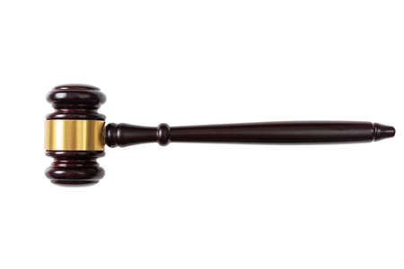 ooden judge or auction gavel isolated on white background, top view
