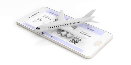 Mobile checkin and boarding pass. Blank airplane on a smart phone screen, isolated on white...
