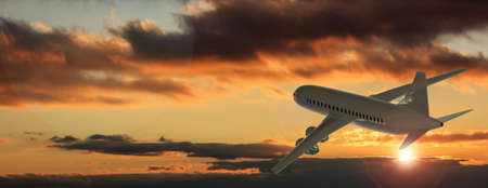 Commercial airplane with four engines flying on sunset or sunrise sky background, side back view. 3d...