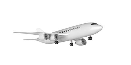 Blank commercial airplane takeoff, with four engines, isolated cutout on white background. 3d...
