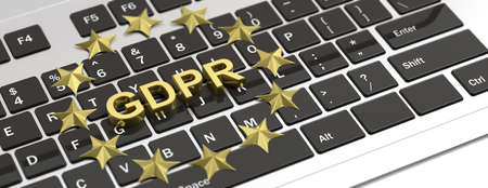 EU General Data Protection Regulation. GDPR and golden EU stars on computer, laptop, banner. 3d illustrationの写真素材