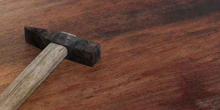 Hammer hand tool isolated on wooden background, copy space. 3d illustration