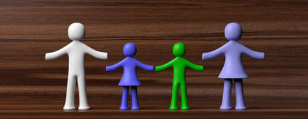 Family concept. Four colorful human figures isolated on wooden background. 3d illustrationの写真素材