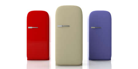 Refrigerators, home appliances. Vintage fridges various colors isolated on white background, front view. 3d illustrationの写真素材